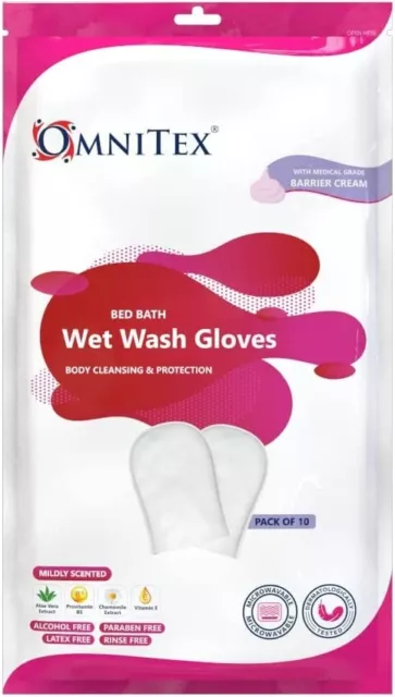 Wet Wash Gloves 1 Pack of 10 Omnitex Mildly Scented For Bed Bath Body Cleansing