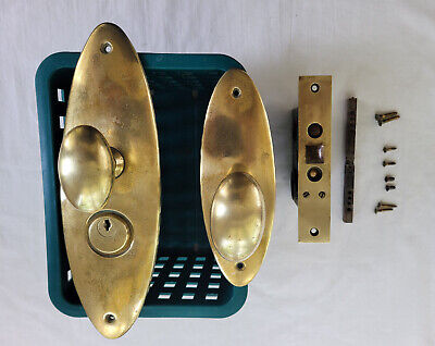 Antique Solid Brass Entry Door Hardware Oval Door Knob Back Plates & Lock Set