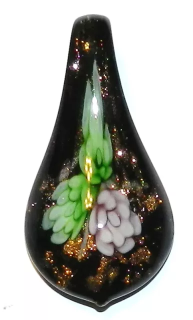 P1215 Green Flower Gold Sparkle Black Lampwork Glass Teardrop Spoon Drop Pendant
