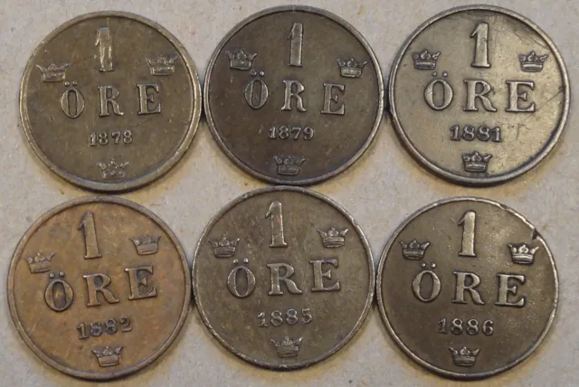 Sweden 6 One Ore 1878,79,81,82,85,+86 Mid Grade as Pictured