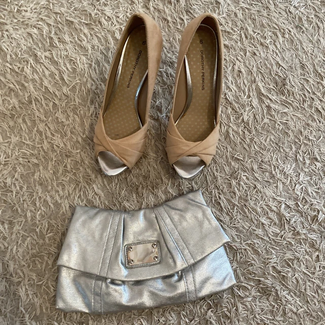 Dorothy perkins Peep Toe High Heels shoes size 6 and Silver clutch bag