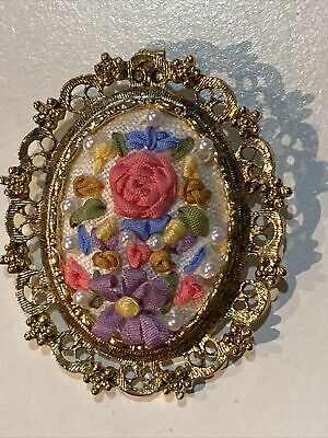 Vintage Gold Tone Perforated Ornate Frame Hand Sewed Rosette Flowers Pin Bail