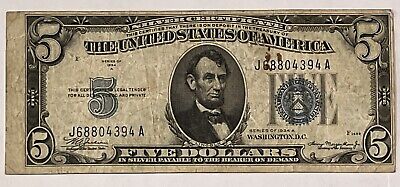 Series 1934 A $5 Silver Certificate Rare Uneven Cut Error. Circulated Blue Seal