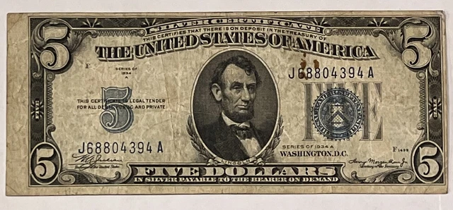 Series 1934 A $5 Silver Certificate Rare Uneven Cut Error. Circulated Blue Seal