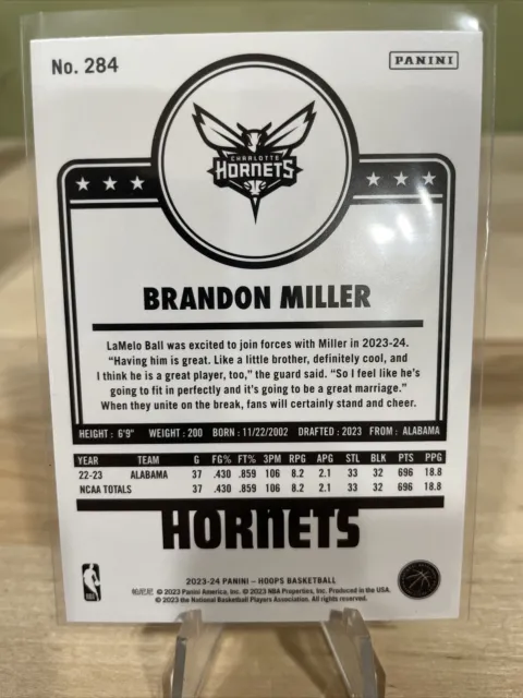 2023-24 PANINI NBA Hoops Brandon Miller recrue cerceaux hommage #284 ...