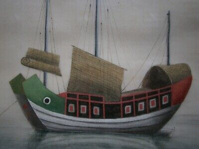 Painting Marine Chinese " Junk " Boat Art Asia 19° S Gouache Drawing No ° 1