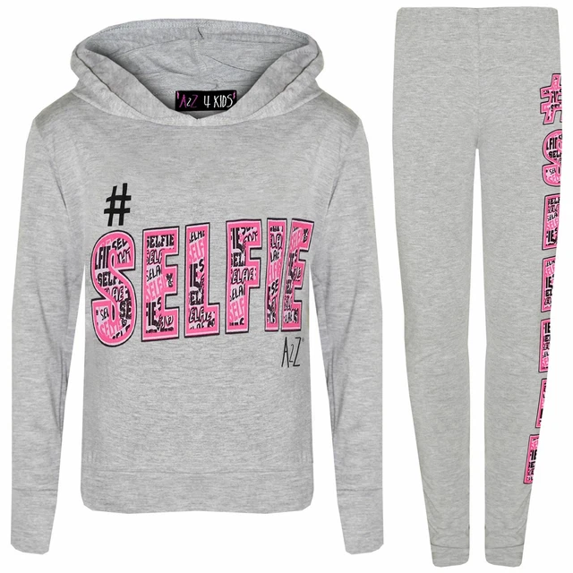 Kids Girls Tracksuits Selfie Graffit Print Grey Top & Legging Hooded Sets 7-13 Y