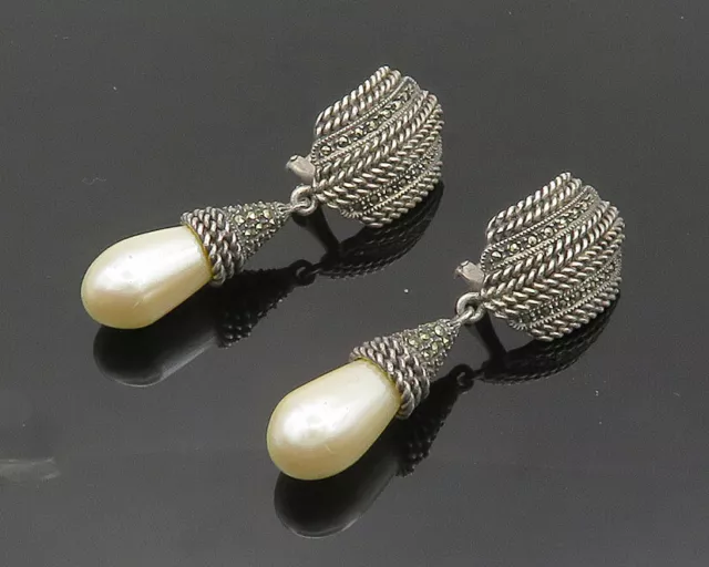 JUDITH JACK 925 Silver - Vintage Pearl & Marcasite Dangle Earrings - EG9951