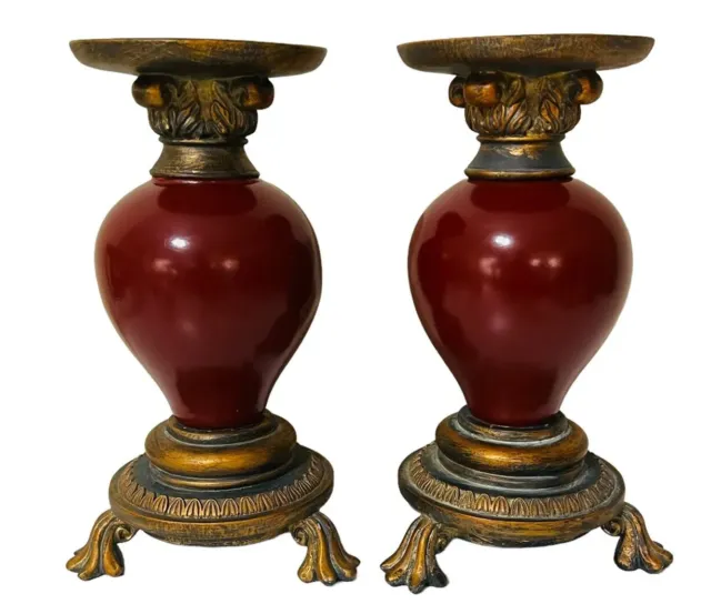 Pair Old World Style Pedestal Candle Holders 3-Footed Composite Material 10”H