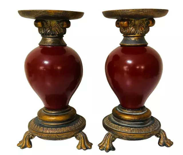 Pair Old World Style Pedestal Candle Holders 3-Footed Composite Material 10”H