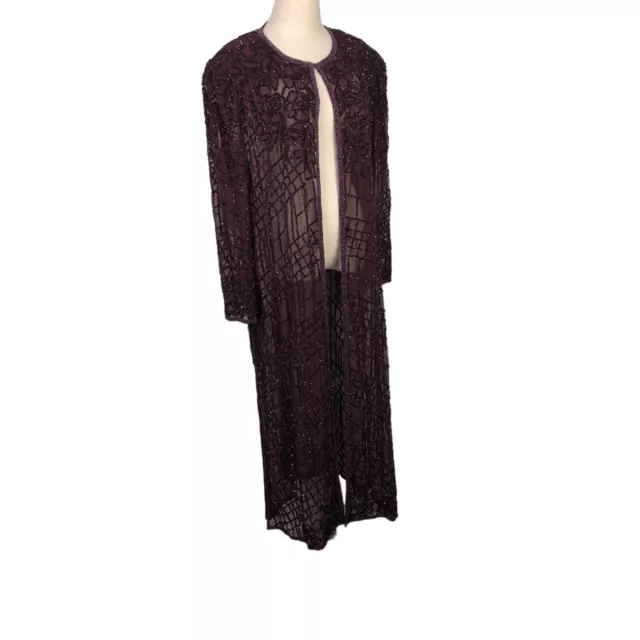 Silhouettes Vintage Beaded Duster Womens 1X Burgundy Sheer Sequined Evening Maxi