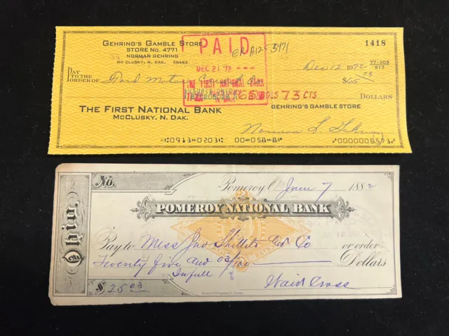 1882 POMEROY NATIONAL BANK,  POMEROY, OHIO & Gambles Store Check 1972