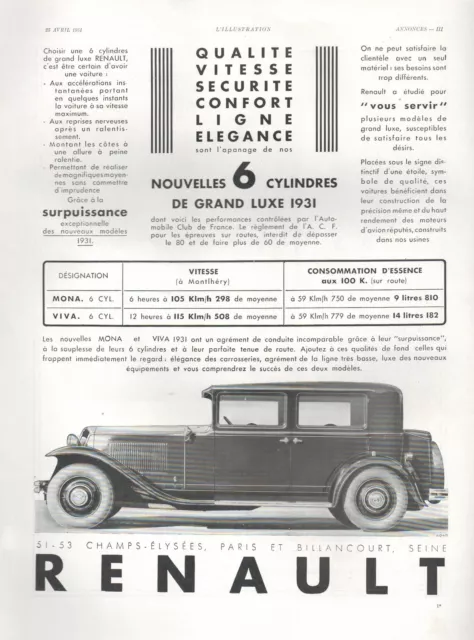 ▬► Publicite Advertising Ad Voiture Renault 6 Cylindres 1931