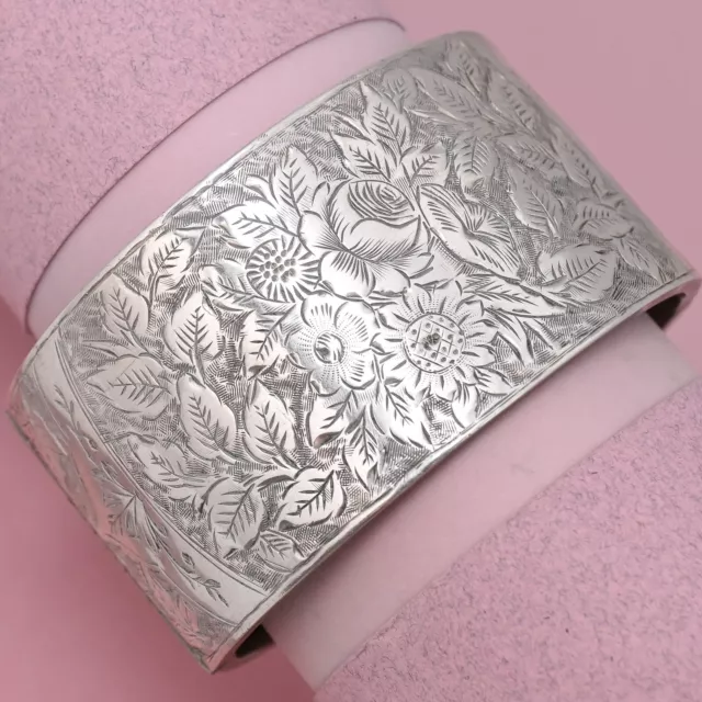 Antique Victorian WIDE Hand Etched Flower Rose Daisy Sterling Silver Bracelet