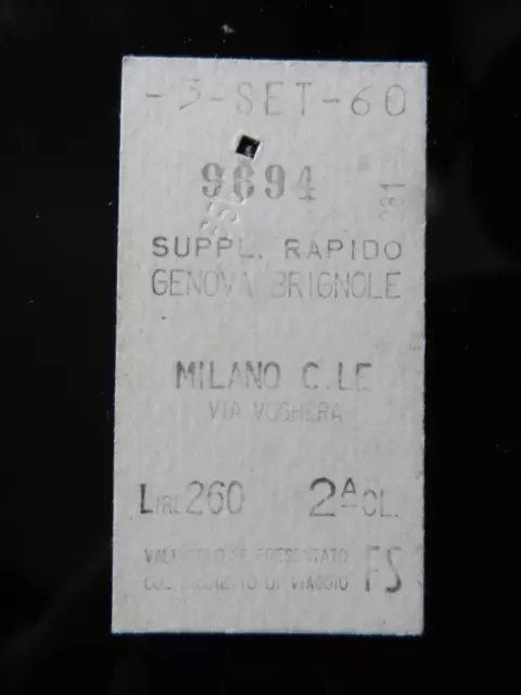 13.1.1) Biglietto Treno 3/9/1960 Supplemento Rapido Genova Milano Centrale