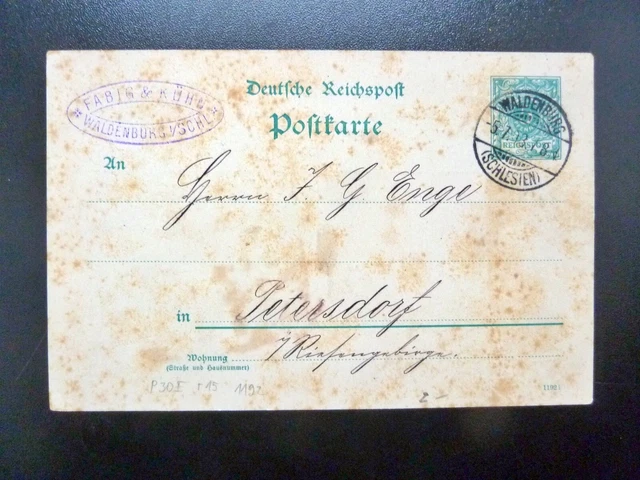 DR-Postkarte P30I, Stempel WALDENBURG nach PETERSDORF - Firmenstpl. FABIG & KÜHN