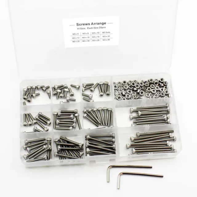 220 Pcs M3 A2 Stainles Steel Hex Head Socket Cap Screws Nuts Assortment Set Kit