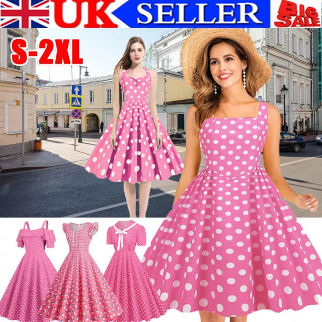 Women Retro 50s 60s Rockabilly Polka Dot Cocktail Party Swing Pink Dress UK