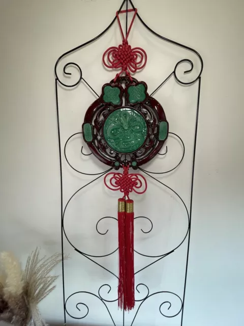 Chinese dragon faux jade with wood carvings & knotted rope wall hanging decor