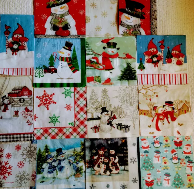 15 SNOWMAN & WINTER SNOWFLAKES HOLIDAY ~ LOT SET MIXED Paper Napkins ~ Decoupage