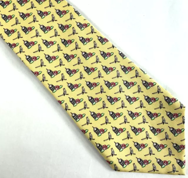 Vineyard Vines Mens Tie, Yellow w/ Bird & Red Flower Geometric Pattern