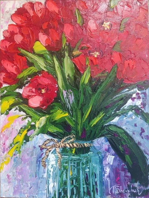 Pintura al óleo original Tulipanes Flores Arte pintado a mano Interior...