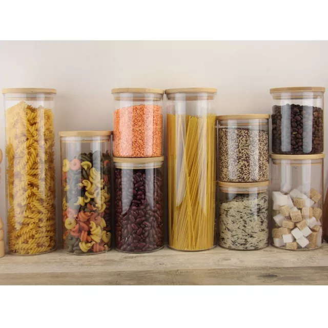 Tall Borosilicate Glass Airtight Wooden Lid Storage Jar Pasta Rice Food Canister