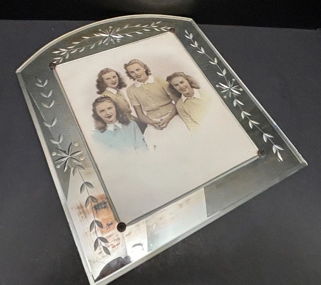 Antique MIRRORED PICTURE FRAME Reverse Etched & Beveled Glass Hanging Dome Top