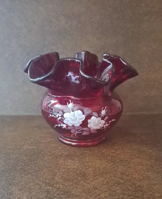 Vintage Fenton Glass Ruffled Rose Bowl Vase Ruby Red White Flowers Signed