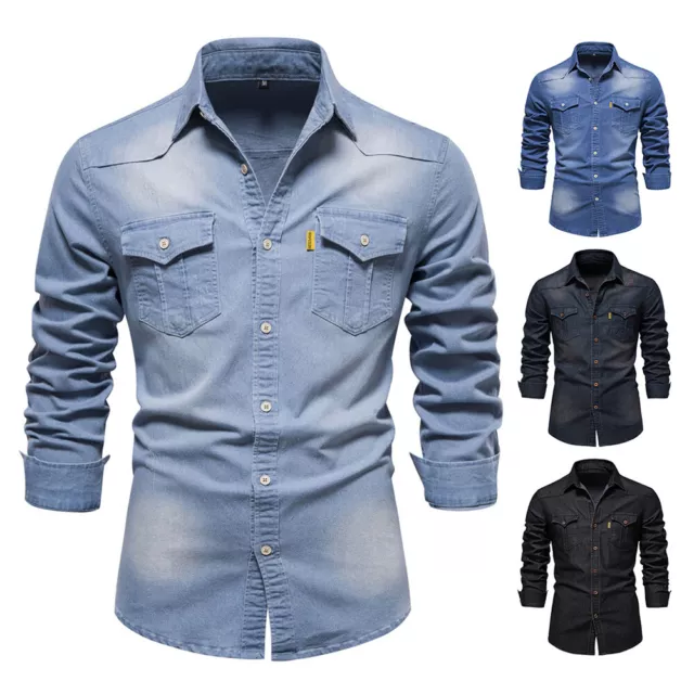 Camicia Di Jeans Da Uomo A Maniche Lunghe Abbottonata Jeans Slim Fit Camicie ^