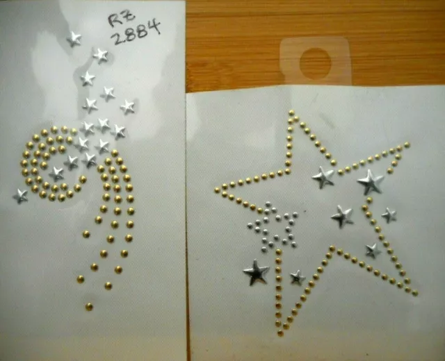 Lot of 2 Colored Stars & Swirls Rhinestone Studs Iron-On Hot-Fix Transfers #82