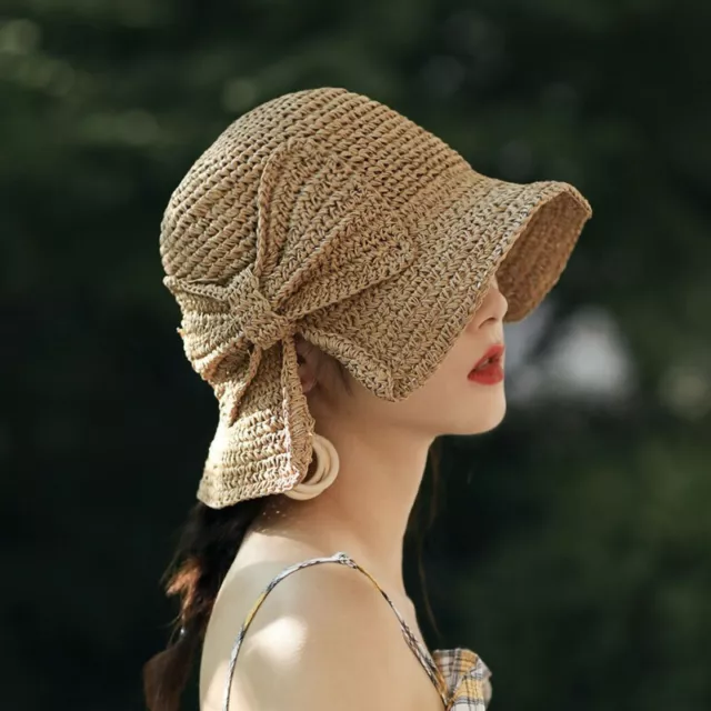 Women Summer Adjustable Raffia Bow Sun Hat Beach Straw Sunhat Wide Brim Floppy