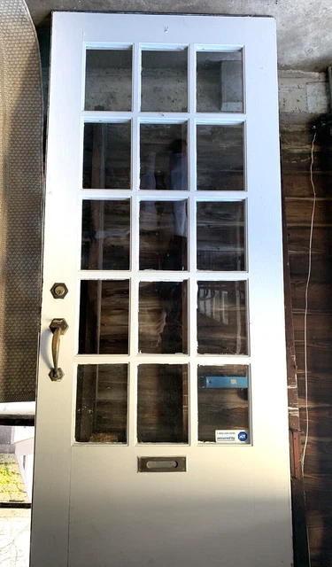 VTG 1920s White 15 Pane Ext. 36” X 83” Wood Door Mortised Latch Handle Mail Slot