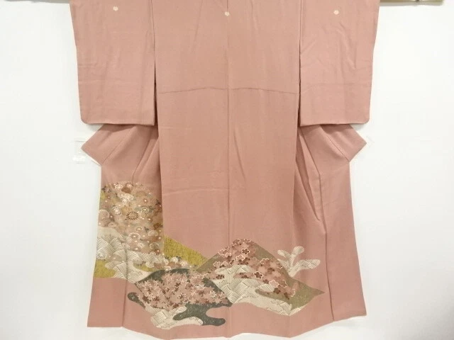 40626# Japanese Kimono / Antique Kimono / Embroidery / Rough Wave & Kiku Wit