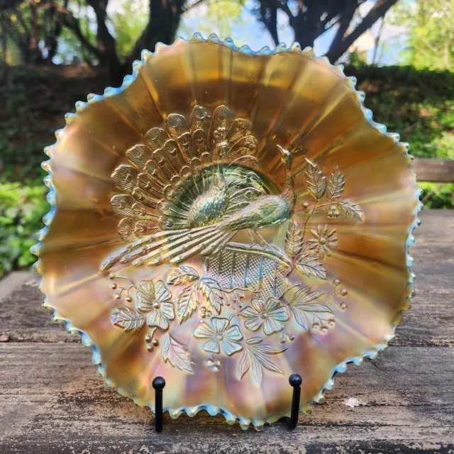 Aqua Opalescent Northwood Carnival Glass Peacocks on the Fence Bowl Beautiful