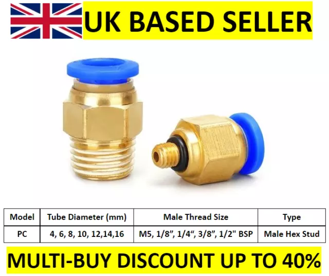 Pneumatic Push In Fitting Air Water Pipe - Male Hex Stud 4-6-8-10-12-14-16Mm