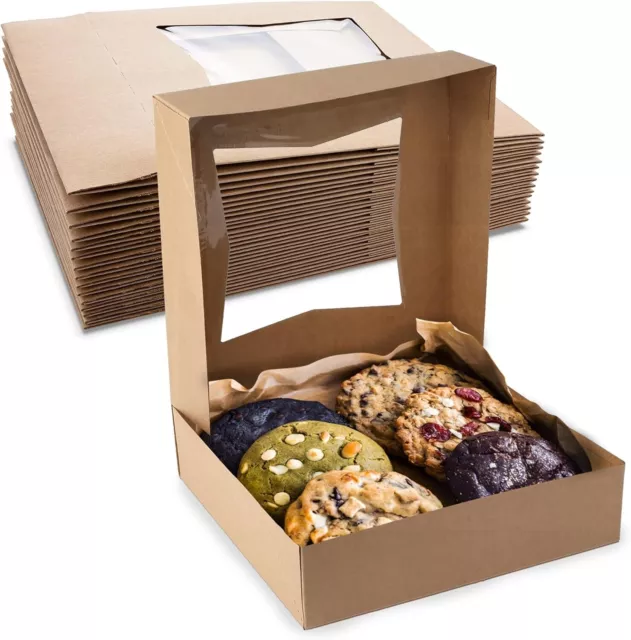 MT Products 8" x 8" x 2.5" Auto-Popup Kraft Cookie Box with Window - Pack of 15