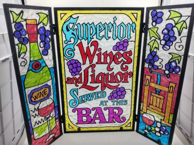 Vintage Superior Wines and Liquor Bar Sign Stand 12" x 10”  Faux Stained Glass