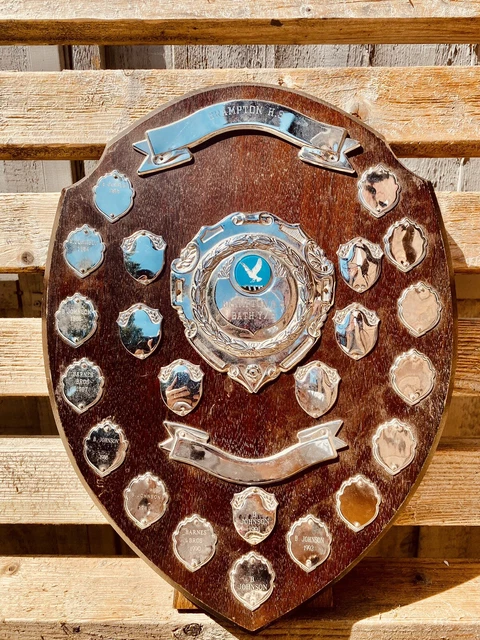 🏆 Big Vintage 1980’s Engraved Silver Trophy Wooden Shield EPNS  15” Trophies #B