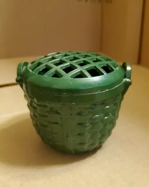 Vintage Dept 56 Cast Iron Flower Frog Basket Weave Two-Piece green  3" Tall