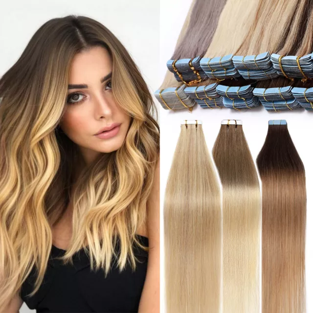 Tape In Hair Extensions Russian Remy Human Hair Full Head THICK Skin Weft Ombre#