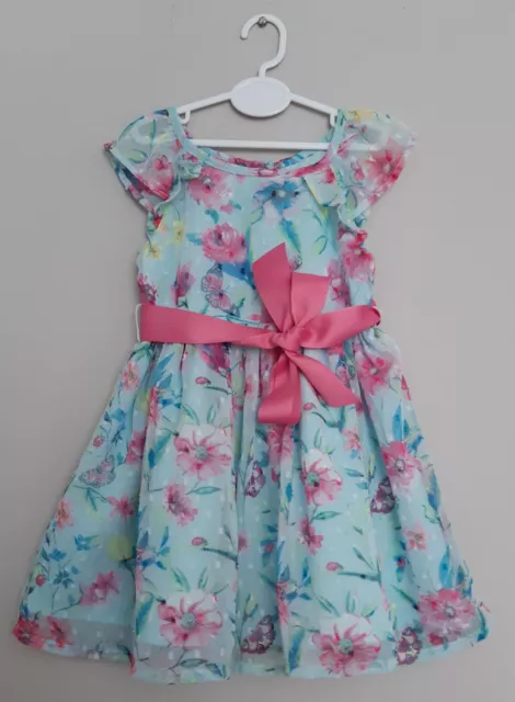 🦋 Monsoon Baby Girl Blue Pink Butterfly Floral Belted Dress 6-12 Months