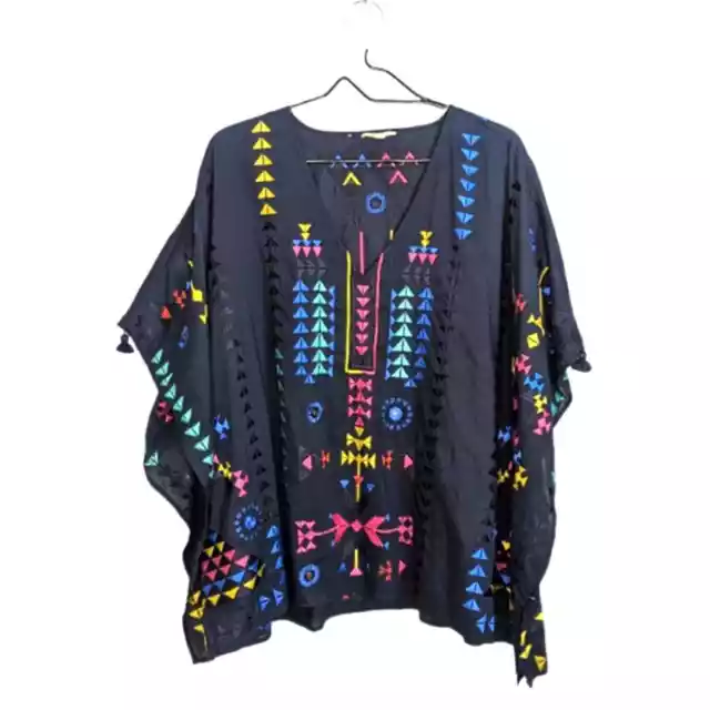 Figue Blue Pink Oversized Tunic Top Embroidered Tassels Boho Tribal Wide L