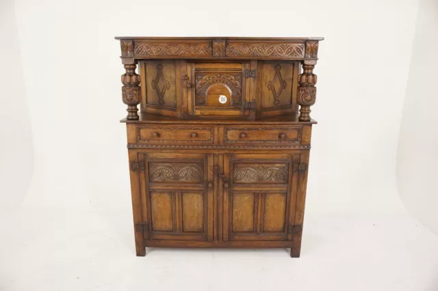 Ant. Carved Oak Court Cupboard, Sideboard Buffet and Hutch, Scotland 1920, H727