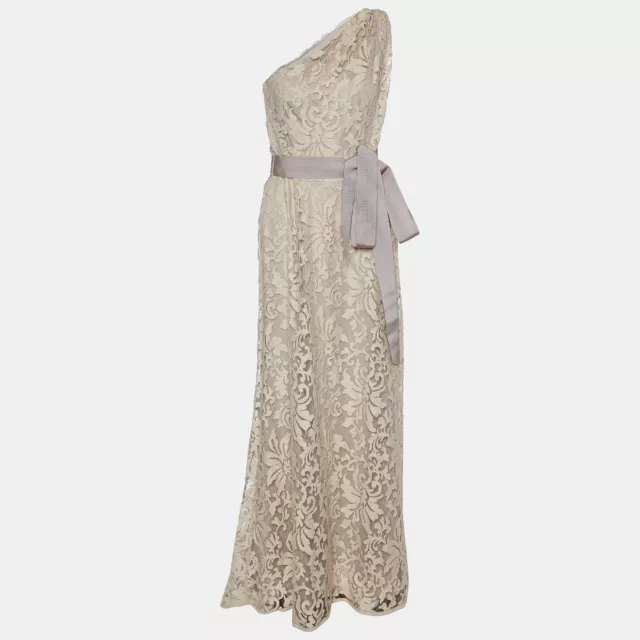 Tadashi Shoji Beige Floral Lace One shoulder Belted Gown L