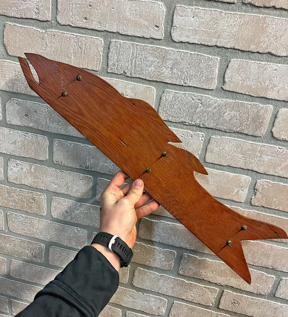 Vintage Fish-Shaped Wall Hanging Wooden 22" Key Hook Holder Cabin Rustic Decor