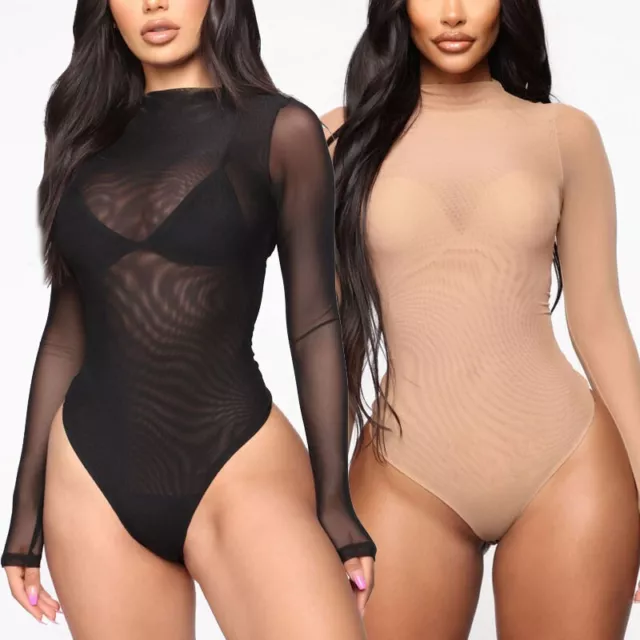 SEXY WOMENS SHEER Mesh Bodysuit Ladies Long Sleeve Leotard Top Club  Black/Skin $16.14 - PicClick AU