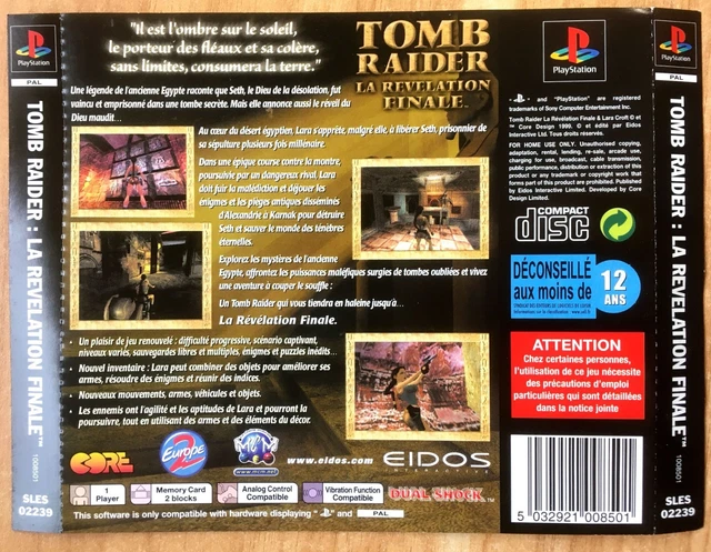 Jaquette Arrière Originale Tomb Raider PS1 – Notice Incluse, Pas De Jeu, PAL FR