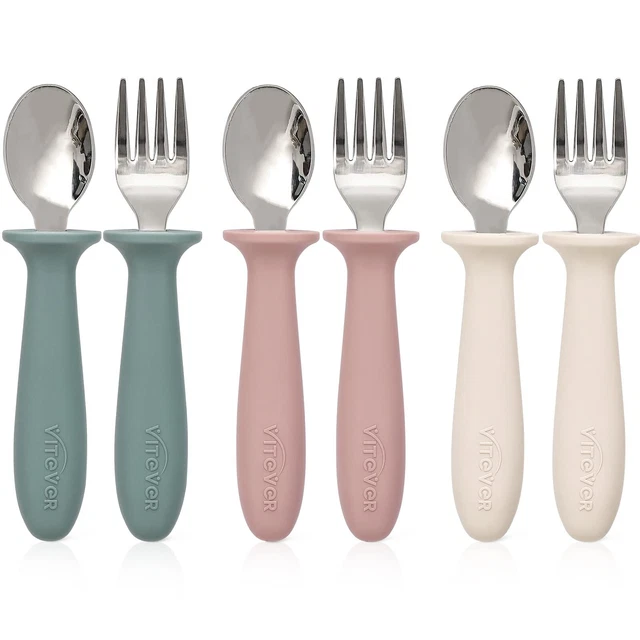 6 Toddler Utensils, Kids Silverware Set Silicone Handle Safe Stainless Steel