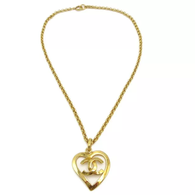 Chanel Cc Logos Heart Motif Mirror Charm Gold Chain Necklace 95p